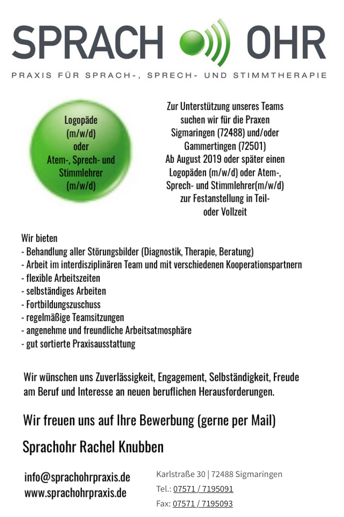Stellenangebot Logopädie in Deutschland ; Burghaldenstrasse 6 72501 Gammertingen bei Therapeutenonline